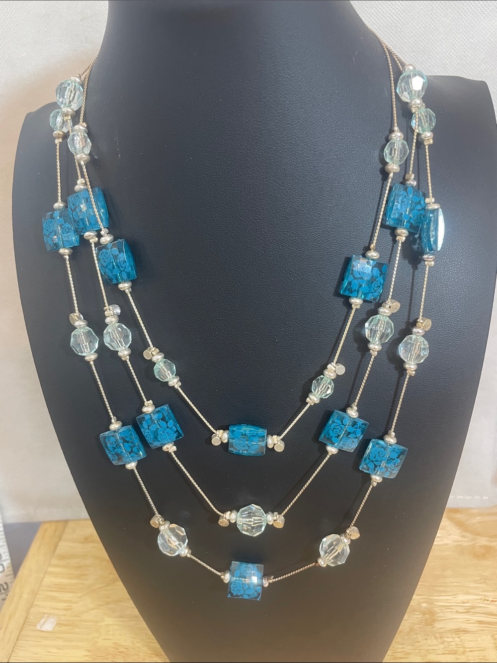 Blue Multi-Strand Acrylic square & Round Bead Necklace 11” drop 3 “ extender